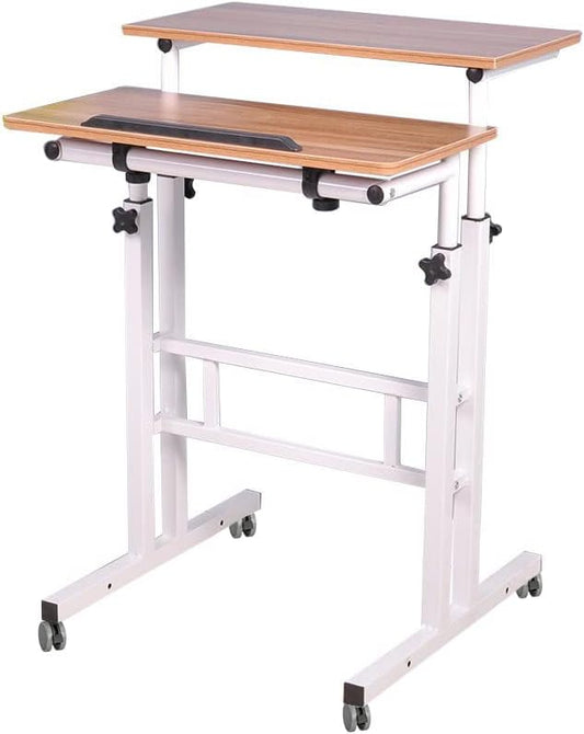 soges Mobile Standing DeskAdjustable Height Roling Sit-Stand Desk Small Standing Computer Desk Workstation on Wheels Sit Stand Up Desk for Home Office Oak