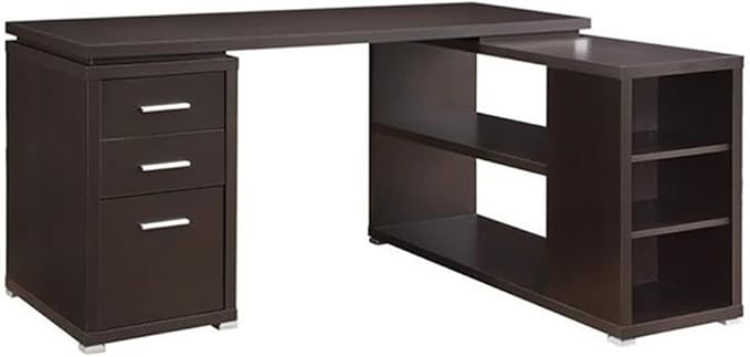 Scranton &amp Co L-Shaped Wood Writing Desk Cappuccino Finish 60 W x 47.25 D x 29.5 H MDF and Laminate 3 Drawers Shelves Reversible Setup Contemporary Home Office Desk with Storage