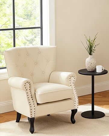 Modern Accent Chair Set of 2 PU Leather Armchair with Solid Wood Legs Sofa Chair for Living Room Bedroom Leisure Room Reading Room(Ivory White)