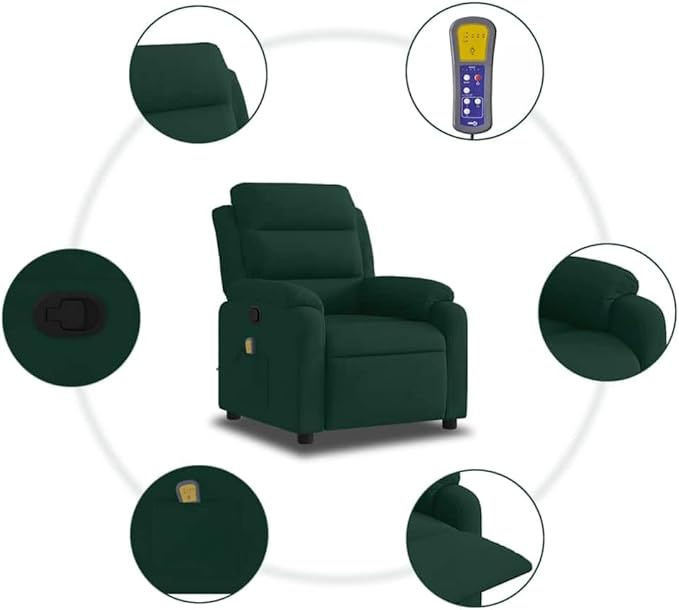 vidaXL Dark Green Velvet Massage Recliner Chair with Adjustable Armrests and Reclining Mechanism for Living Room Comfort