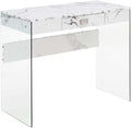 Pemberly Row 36 in Desk Clear Glass and White Faux Marble Finish Particle Board Build with Drawer Modern Contemporary Style Compact Home Office or Study Table
