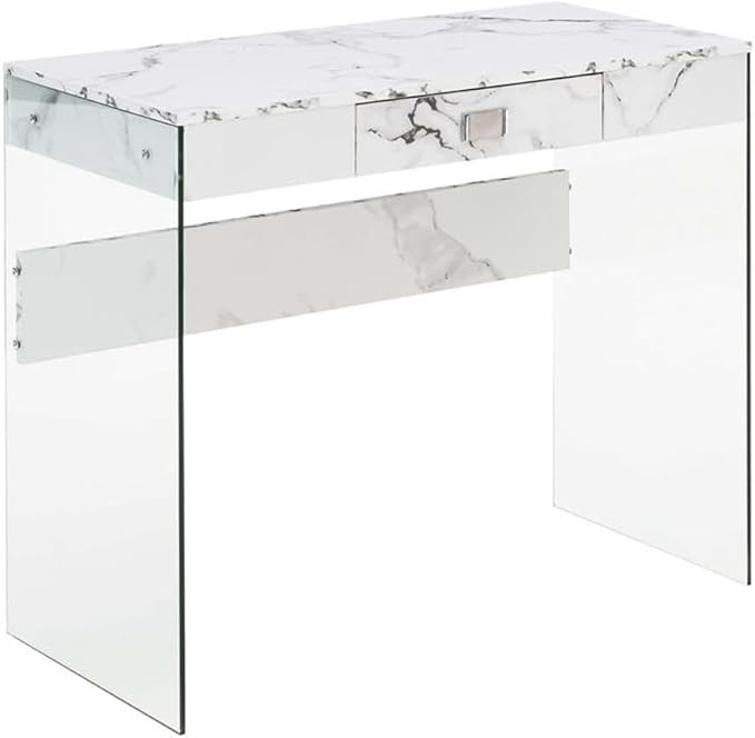 Pemberly Row 36 in Desk Clear Glass and White Faux Marble Finish Particle Board Build with Drawer Modern Contemporary Style Compact Home Office or Study Table