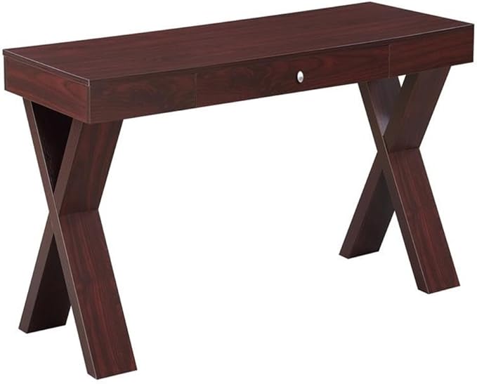 Pemberly Row Modern Writing Desk with Drawer Mahogany Wood Finish 47.25 in Wide Hollowcore MDF Construction Spacious Desktop X-Leg Design Office Desk for Computing or Home Workspace