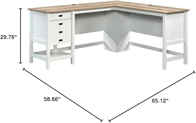 Pemberly Row L-Shaped Engineered Wood Home Office Desk Soft White and Lintel Oak Finish 65 in Wide Spacious Work Surface with Storage Drawers and Shelf Cord Management Versatile Placement