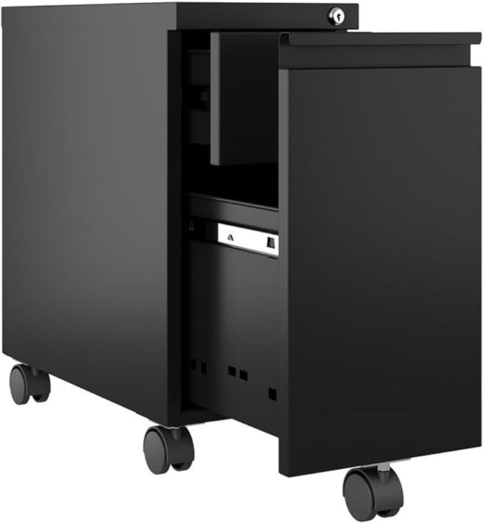 Hirsh 10 Wide 20 Deep Narrow Mobile Zip Pedestal File Cabinet with Hidden Drawer in Black