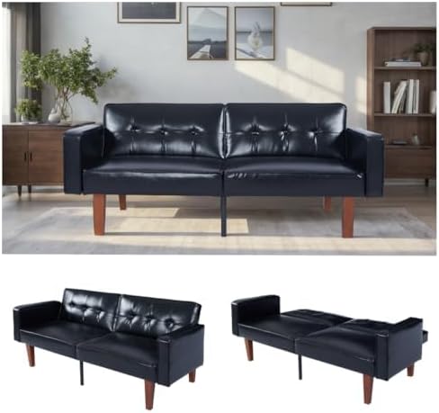Adjustable Backrest Convertable Sofa Modern PU Leather 2-Seat Futon Sofa Convertible Faux Leather Sleeper Couch with Armrests Couch for Living Room Home Office Spaces Black