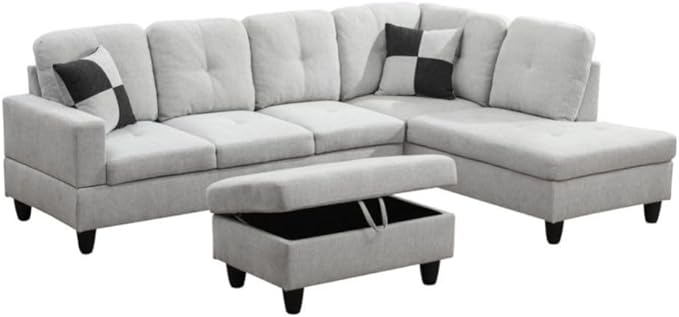 L-Shaped 3-Piece Flannel Sofa with Storage Ottoman Set Sectional Couch Sofa Set for Living Room Office Small Space Light Grey