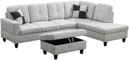 L-Shaped 3-Piece Flannel Sofa with Storage Ottoman Set Sectional Couch Sofa Set for Living Room Office Small Space Light Grey