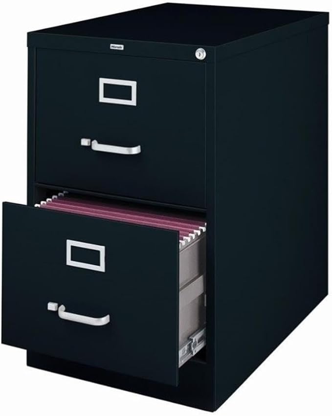 Pemberly Row Metal 2-Drawer Legal Width Vertical Filing Cabinet 26.5 D Black Finish Commercial Grade Steel Construction Ball-Bearing Drawer Slides Lock Included Office Storage Organization