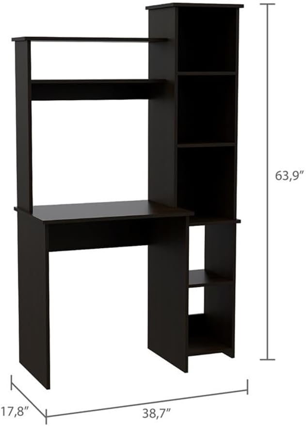 BOWERY HILL Modern Engineered Wood Home Office Desk Black Wengue Finish 63.9 H x 39.7 W x 17.8 D Hutch with Shelves Side Bookcase Space-Saving Design Ideal for Small Home Office