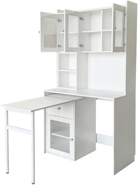 Polibi Rotating Computer Desk with Storage - 90° Adjustable Desktop 4 Glass Door Cabinets &amp Drawer Open Shelves for Home Office Study Room or Living Room White