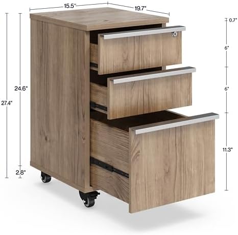 NBF Three-Drawer Mobile Pedestal Storage - Southern Walnut | Rolling Cabinet Brushed Nickel Hardware Secure Storage