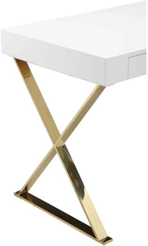 Pemberly Row Modern Writing Desk 47 in x 24 in x 30 in High Gloss Lacquer Finish White and Gold High Polished Steel Legs 2 Drawers Rectangular Home Office or Study Room Furniture
