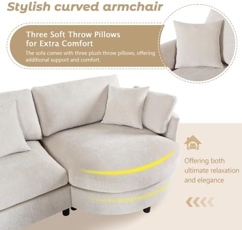 105 Chenille Fabric 3-Piece Sectional Sofa with Curved Chaise and 3 Throw Pillows 3-Seat Upholstered Couch with Solid Pine Wood Frame Perfect for Living Rooms Offices and Apartments (Beige-05)