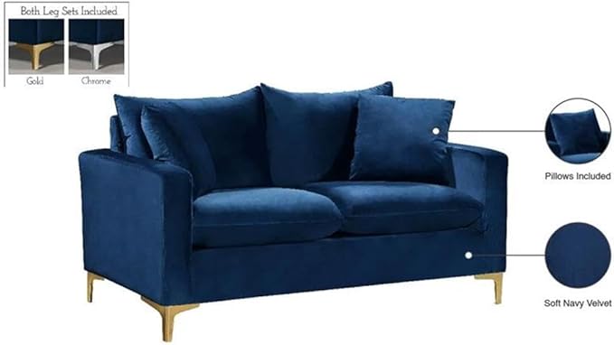 Meridian Furniture Naomi Collection Modern | Contemporary Navy Velvet Upholstered Loveseat with Stainless Steel Base in a Rich Gold or Chrome Finish