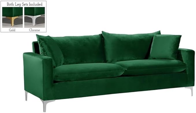 Meridian Furniture Naomi Collection Modern | Contemporary Green Velvet Upholstered Sofa with Stainless Steel Base in a Rich Gold or Chrome Finish 81.5 W x 33.5 D x 30 H (633Green-S)