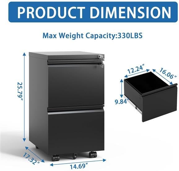 Black 2 Drawer Metal Mobile File Cabinet File Cabinet on Wheels for Letter/Legal/A4 File Under Desk Metal Rolling File Cabinets for Home OfficeMobile Filing Cabinet