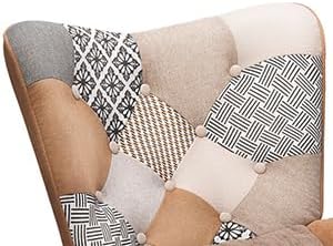 HomeMiYN Accent Patchwork Chair with Ottoman Set Fabric High Wingback Chair Comfy Bohemian Flax Design with Throw Pillow for Living Room Bedroom Patchwork Brown