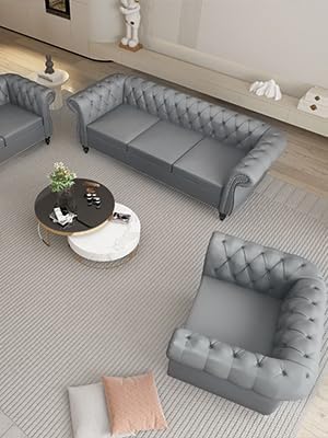 Leather Loveseat Chesterfield Love Seat Sofa for Living Room Mid-Century Modern Tufted Couple Couch 2 Seater with Rolled Arms Deep Button Tufting Nailhead Trim for Bedroom Home Theater (PU Grey)