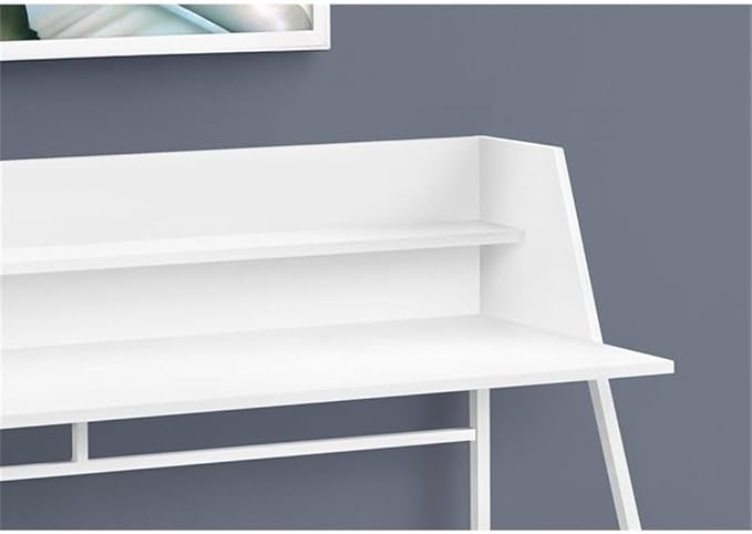 Pemberly Row Computer Desk 48 in Home Office Laptop Table with Storage Shelves White Laminate Finish Metal Base with Trapezoid Legs Contemporary Style Compact Workspace