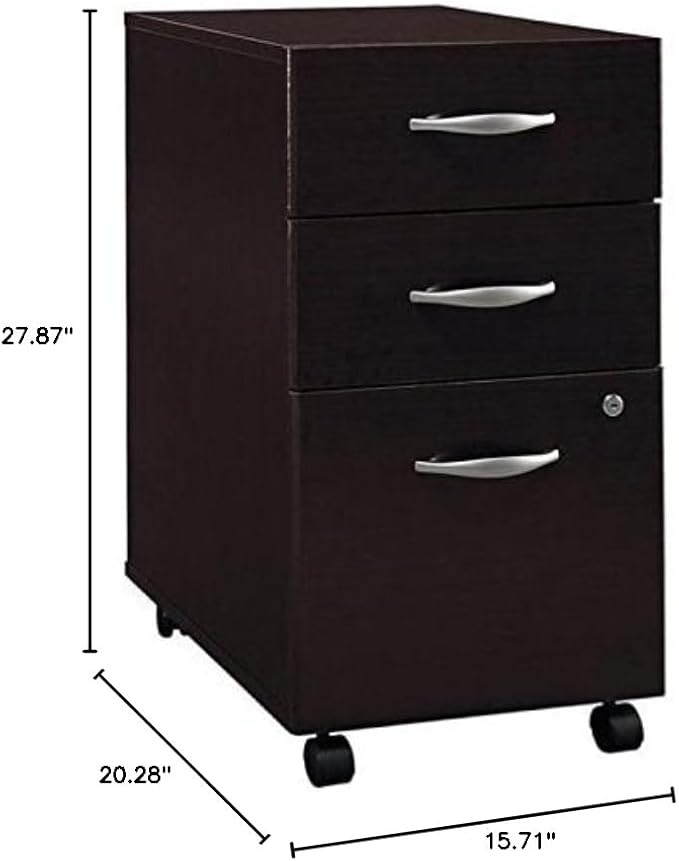 BOWERY HILL 3 Drawer Mobile Pedestal Mocha Cherry Finish Rolling Filing Cabinet with Locking File and Box Drawers Fits Under Desk Legal/A4 File Storage for Office Organization