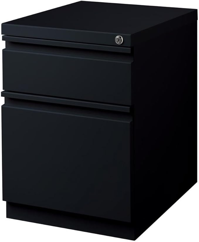Pemberly Row Mobile Pedestal Filing Cabinet 2-Drawer Box/File 20 D Metal Construction Black Finish Hidden Casters Lockable Full Extension Drawers Fits Under Work Surface Office Storage