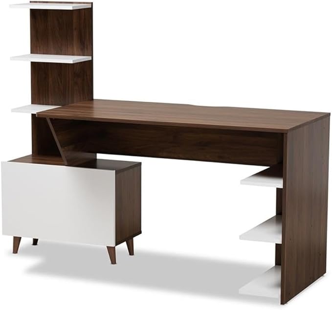 BOWERY HILL Storage Computer Desk 60.6 Wide Wood Construction White and Walnut Brown Finish 6 Shelves with Enclosed Compartment Mid-Century Style for Home Office or Workspace