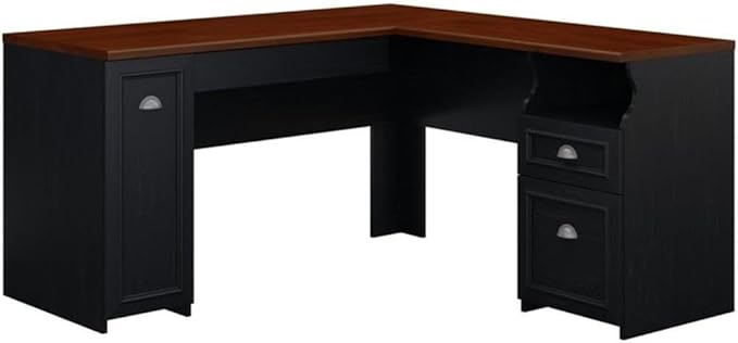 Bush Home Fairview 60W L Shaped Desk with Drawers and Storage Cabinet in Antique Black and Hansen Cherry