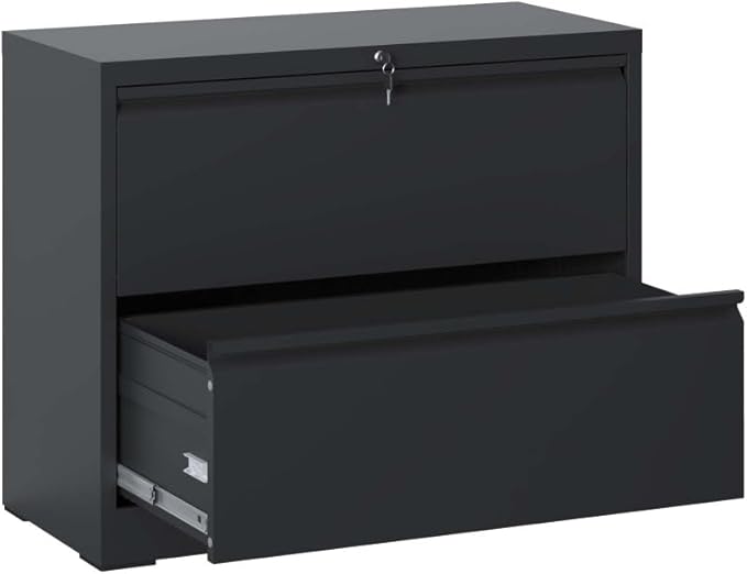 Lateral File Cabinet with Lock – Heavy-Duty Metal Filing Cabinet for Home Office Space-Saving Wide Storage for Letter/Legal/A4/F4 Silent Full-Extension Slides Easy-Assembly (Black + Modern-1)