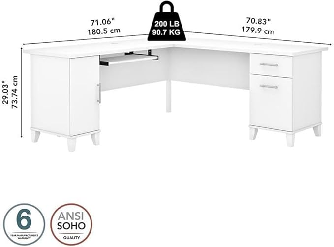 Bush Home Somerset 72W L Shaped Desk with Storage in White 72-inch Large Corner Computer Table for Home Office Workspace