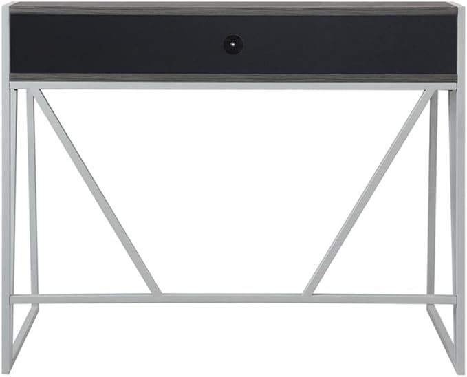 Pemberly Row 44 L x 23.75 W Writing Desk Weathered Wood and Nickel Finish HPL Worksurface Iron Frame MDF Shelf Cable Management 30 Clearance Home Office Desk with Riser Shelf