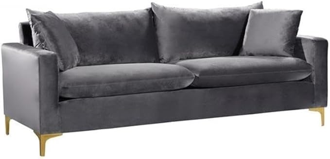 Meridian Furniture Naomi Collection Modern | Contemporary Grey Velvet Upholstered Sofa with Stainless Steel Base in a Rich Gold or Chrome Finish