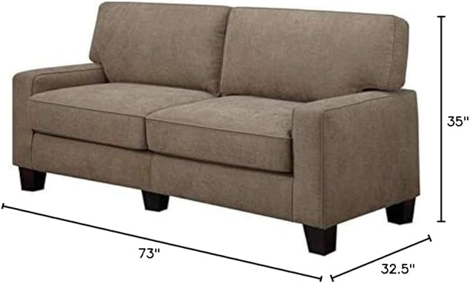 Pemberly Row 73 Sofa Fawn Tan Upholstery 35 H x 73 W x 32.5 D Tool-Free Assembly Memory Foam Cushions Sturdy Hardwood Frame Modern Flared Arms Compact Living Room or Office Seating