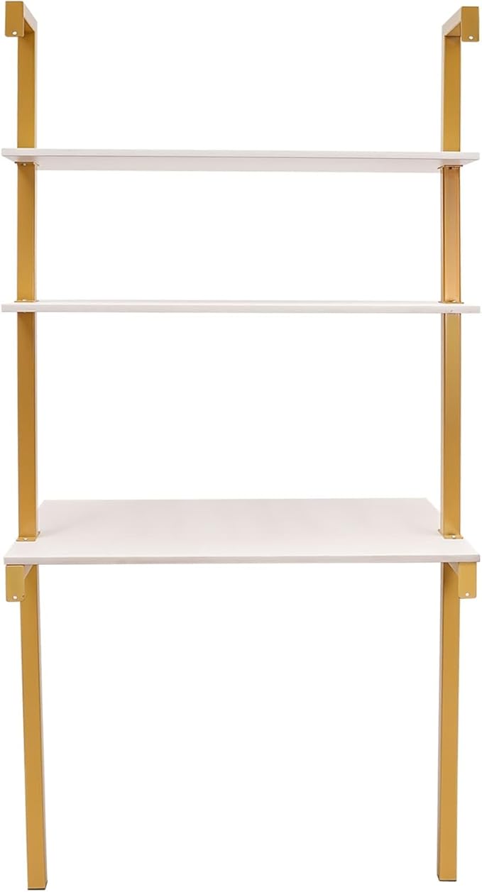 3 Tiers Wall Mounted Desk 30 * 20 * 72.8in Industrial Wall Mount Computer Writing Table with Storage Ladder Style Computer Laptop Desk for Home Office Gold&ampWhite