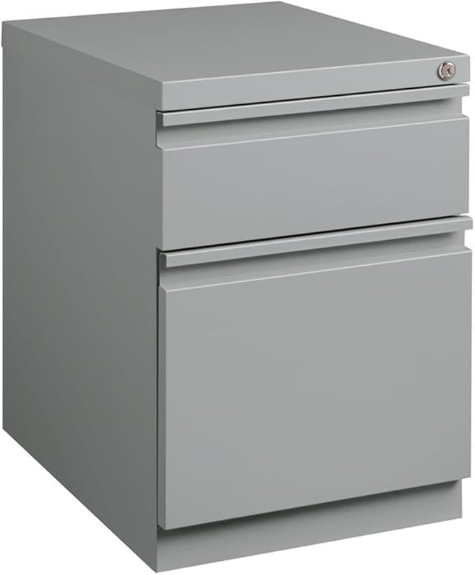 Pemberly Row Mobile Pedestal File Cabinet 20 D Steel Construction 2-Drawer Box/File Full-Width Pulls Hidden Casters Lockable Silver Finish Commercial Grade Filing Cabinet for Office Use