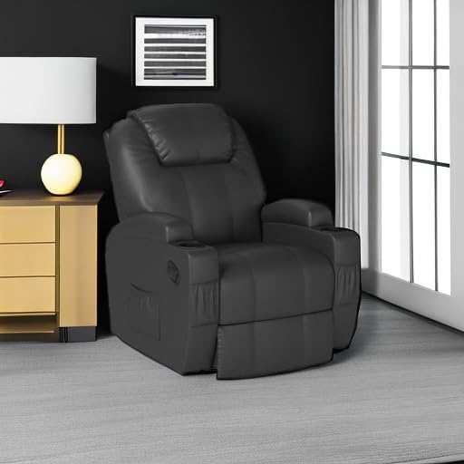 Furniwell Rocker Recliner Chair with Massage for Elderly Leather Adjustable 360°Swivel Rocking Sofa for Living Room with Remote Control Cup Holders (Black)