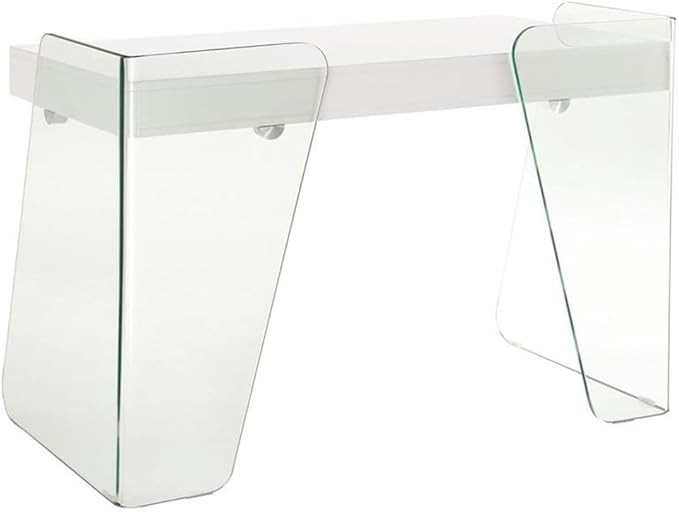 Pemberly Row Modern Engineered Wood Office Desk 47 W x 23 D x 31 H High Gloss White 2 Soft-Close Drawers Clear Glass Detail Contemporary Home Office Desk for Workspace Organization
