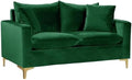 Meridian Furniture Naomi Collection Modern | Contemporary Green Velvet Upholstered Loveseat with Stainless Steel Base in a Rich Gold or Chrome Finish 58 W x 33.5 D x 30 H