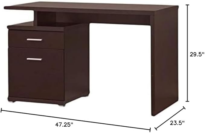 Contemporary Wood Desk with Cabinet Cappuccino Finish 47.25W x 23.5D x 29.5H Chrome Accent Hardware Storage Shelves and Drawer Minimalist Home Office Desk for Workspace