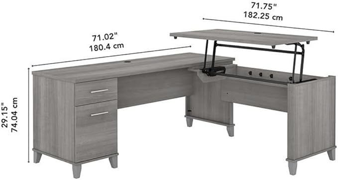 Pemberly Row 72W L Shaped Sit to Stand Desk Platinum Gray Engineered Wood Adjustable Heights 35-41 in Wire Management Storage Drawers Ergonomic Standing Desk for Home Office