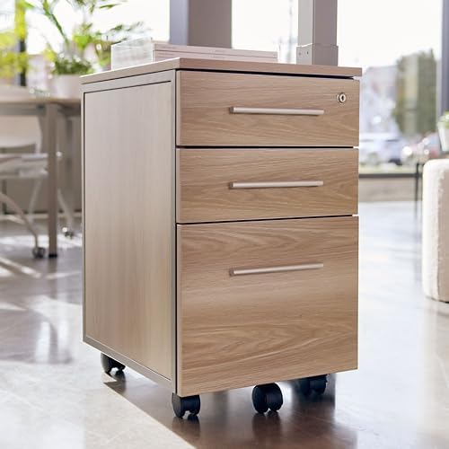 NBF Office Files Pedestal Cabinet - 3 Drawer File Cabinet with Lock - Laminate Office Filing Cabinets - Modern Mobile File Cabinet Document Storage (26 H Dark Walnut)