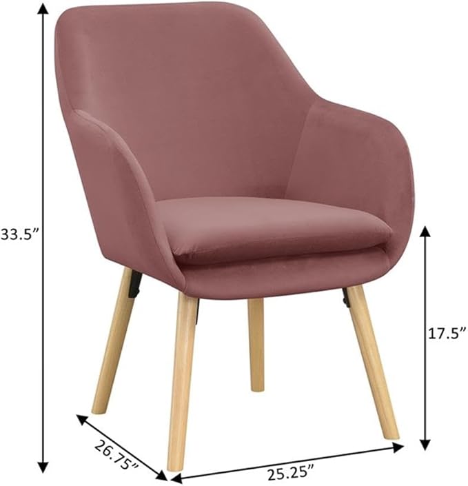 Pemberly Row Contemporary Accent Chair Pink Velvet Fabric Solid Red Oak Legs Detachable Foam Cushion 25.25 x 26.75 x 33.5 in Stylish Living Room or Office Seating