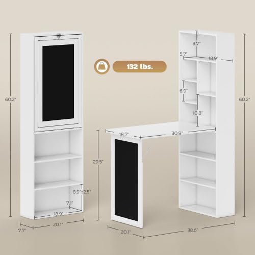 Foldable Wall Mounted Desk with Storage Shelves Fold Out Convertible Computer Table with Blackboard Folding Writing Table Workstation for Small SpacesHome Office (White)