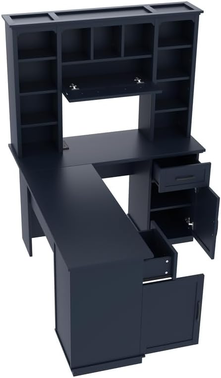 Polibi L-Shaped Computer Desk with Storage - 2-in-1 Design with 2 Drawers and 2 Cabinets 11 Open Shelves &amp Power Outlet for Home Office Study Room Antique Blue