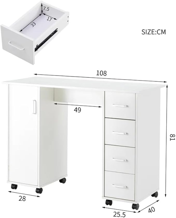 Computer Desk Writing Desk with Lockable WheelsModern Wood Study Desk with 4 Drawers for Home Office Workstation (White)