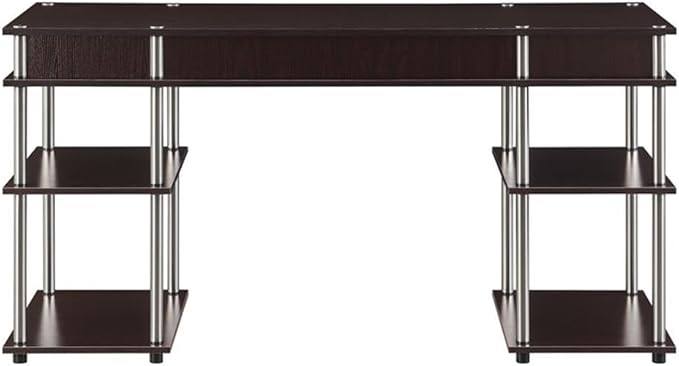 Pemberly Row No-Tools Student Desk 60-Inch with Shelves Espresso Wood Finish Stainless-Steel Poles Durable Particle Board and Melamine Easy Assembly Workspace for Home Office or Dorm Use