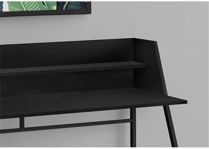 Pemberly Row Computer Desk 48 L Black Metal Particle Board Trapezoid Legs Hutch with Storage Shelf Contemporary Space-Saving Design for Home Office Living Room or Bedroom Use