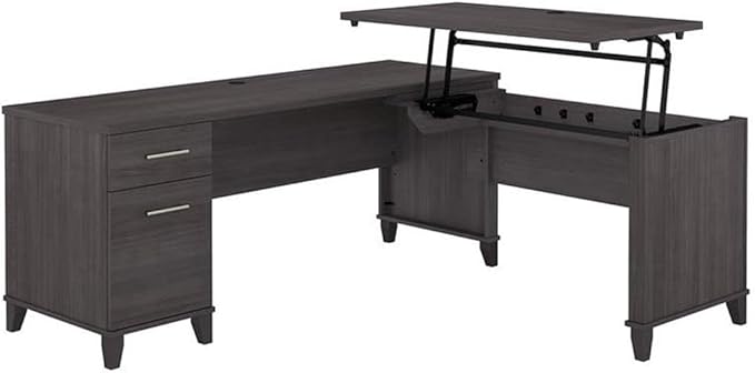 Pemberly Row 72W L Shaped Sit to Stand Desk Storm Gray Finish Lift-n-Lock Adjustable Heights File Drawer and Box Drawer Wire Management Ergonomic Office Desk for Home or Workspace