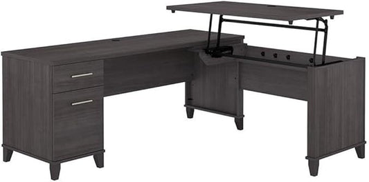 Pemberly Row 72W L Shaped Sit to Stand Desk Storm Gray Finish Lift-n-Lock Adjustable Heights File Drawer and Box Drawer Wire Management Ergonomic Office Desk for Home or Workspace