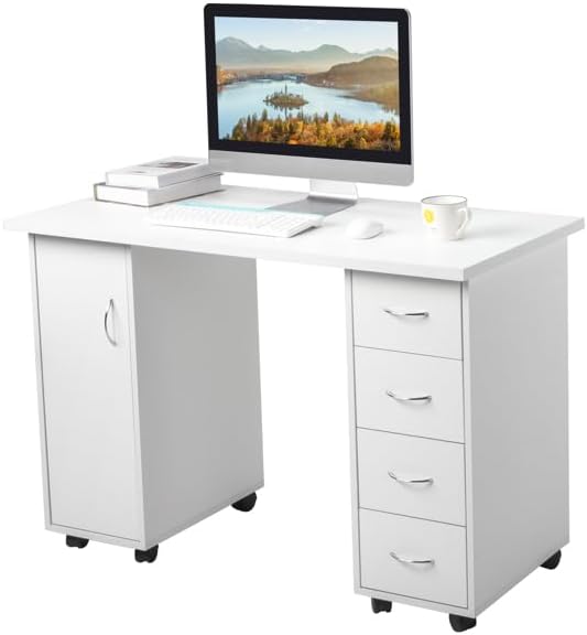 Modern White Computer Desk 47 Office Desk with Cabinet Writing Gaming Table on Wheels Home Office Desk for Bedroom Study Table 120 x 54 x 80CM